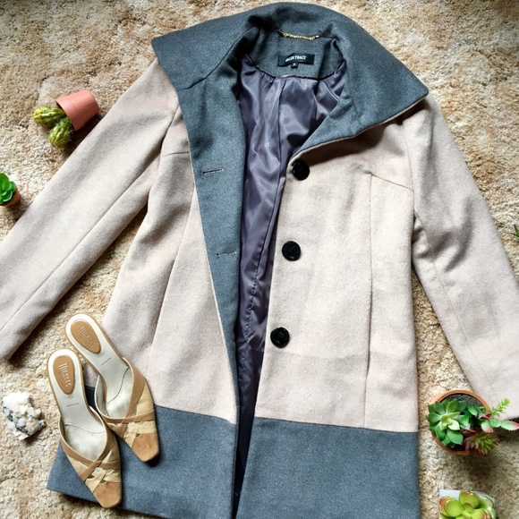 {Ellen Tracy} Wool Angora Blend Grey & Tan Coat 12 - Picture 2 of 8